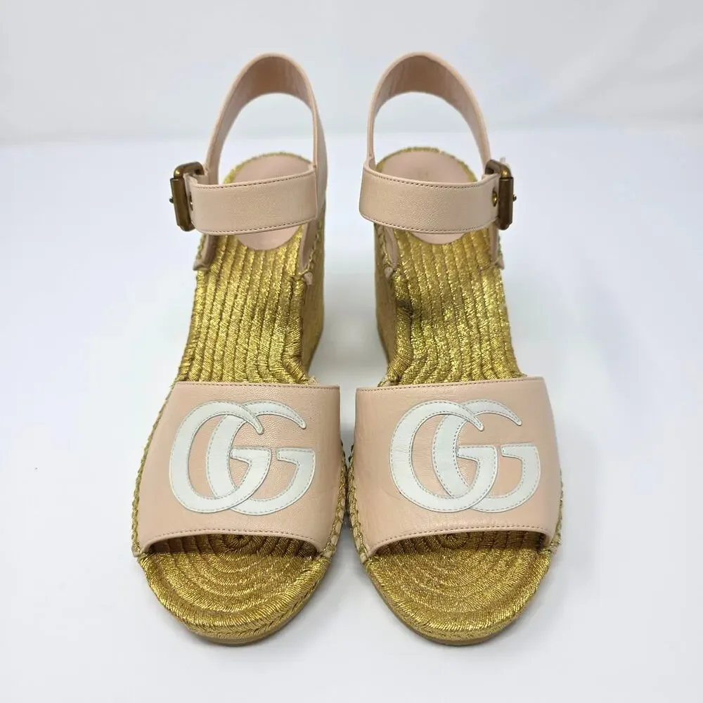 Gucci Platform GG Logo Pink Gold Espadrille Wedge Sandals IT 39 US 9 658629